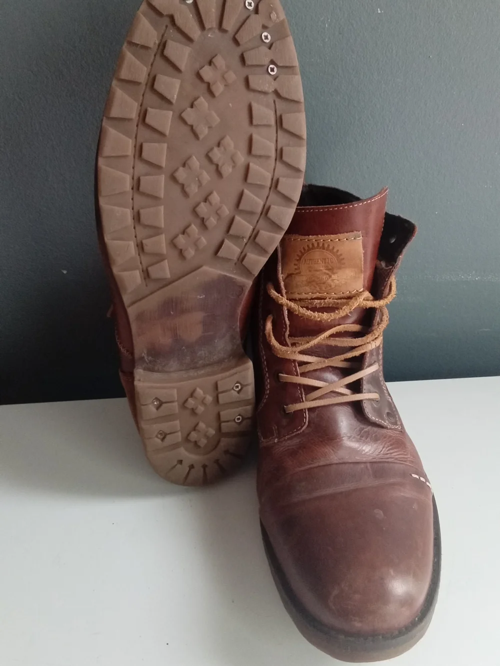 Authentic Brown Leather Lace Up Cap Toe Boots Mens Size 44‎